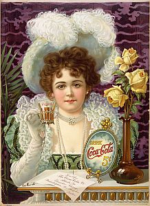 An 1890s advertising poster showing a woman in fancy clothes drinking Coke.