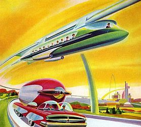Vintage futuristic depiction of monorail transport.