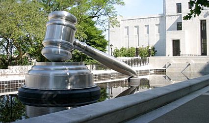 Gavel sculpture outside Thomas J. Moyer Ohio Judicial Center.